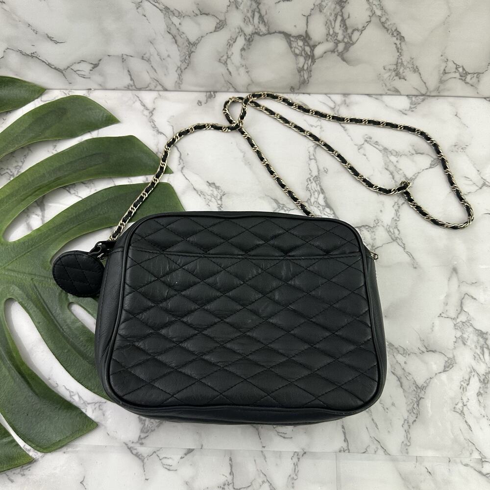 Talbots Vintage 90s Quilted Purse Bag Black Faux Leather Gold Chain Strap